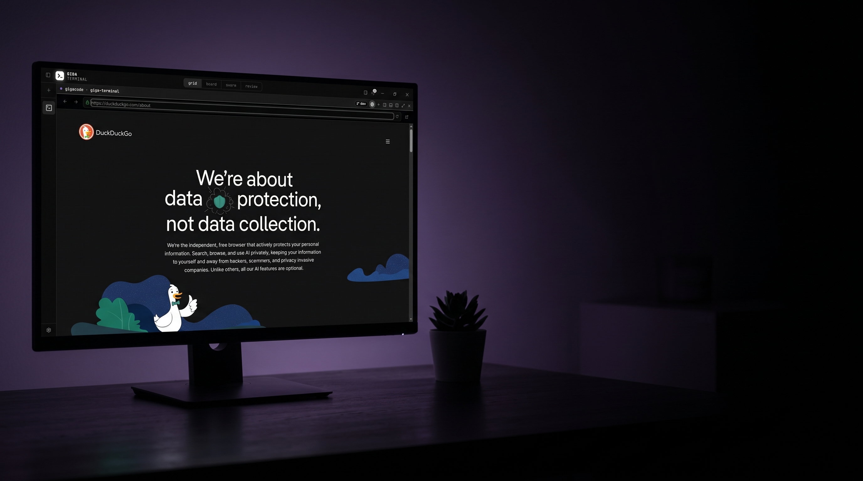 GigaBrowser showing a privacy page on a monitor with a plant beside it in a dark room