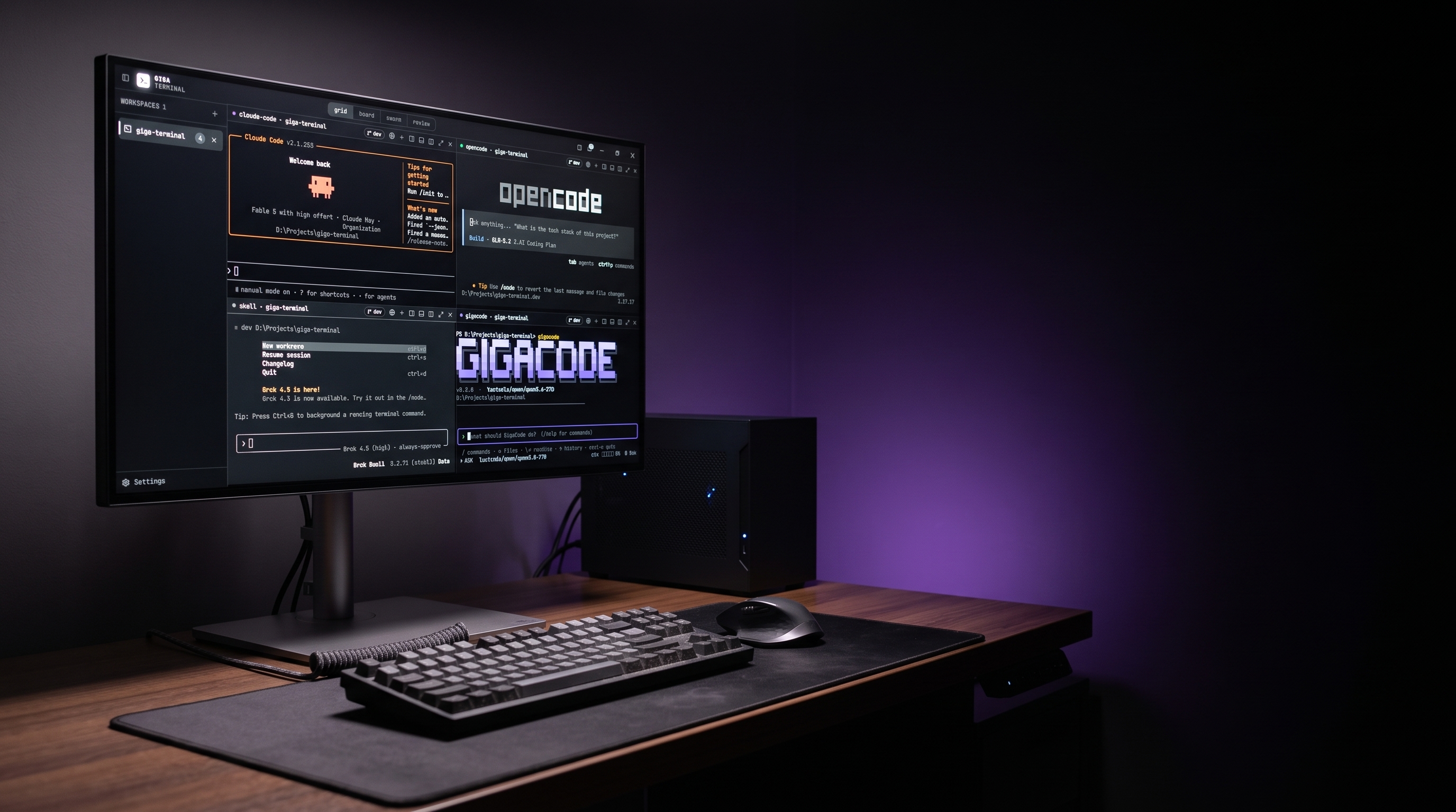 GigaGrid’s multi-pane terminal on an ultrawide monitor in a dark purple-lit room