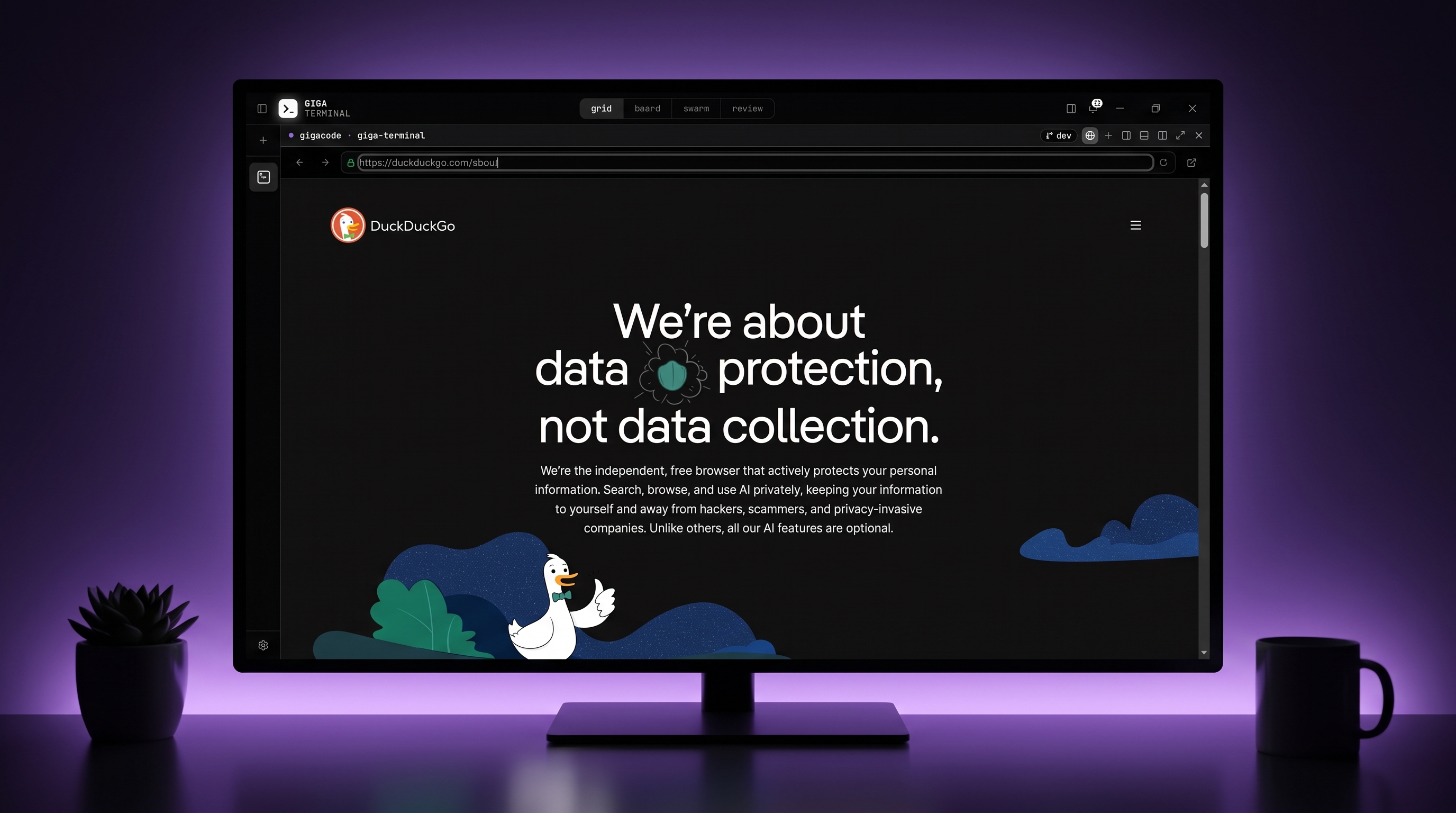 GigaBrowser rendering the DuckDuckGo about page on a centered monitor bathed in purple light