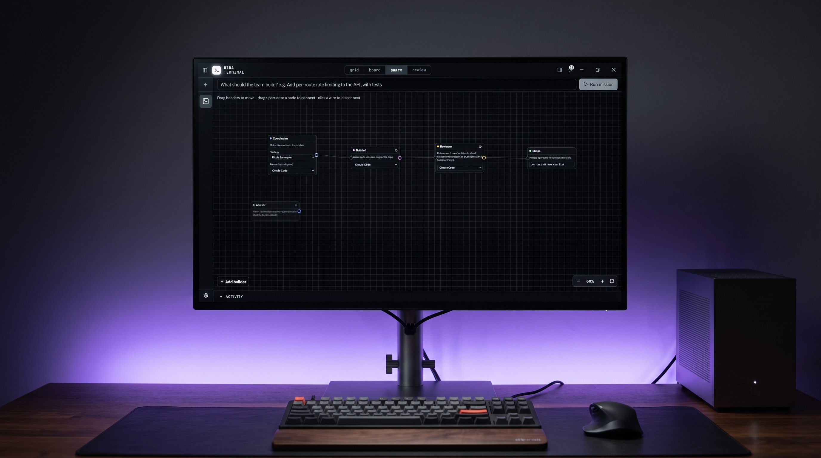 The GigaSwarm agent pipeline on a centered flat monitor above a mechanical keyboard, purple underglow behind the desk