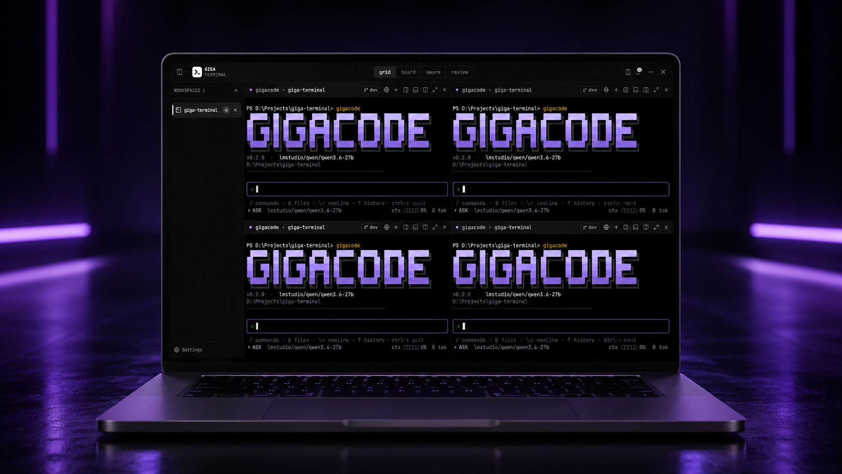 Four GigaCode panes with the pixel banner on a laptop in a neon-lit room