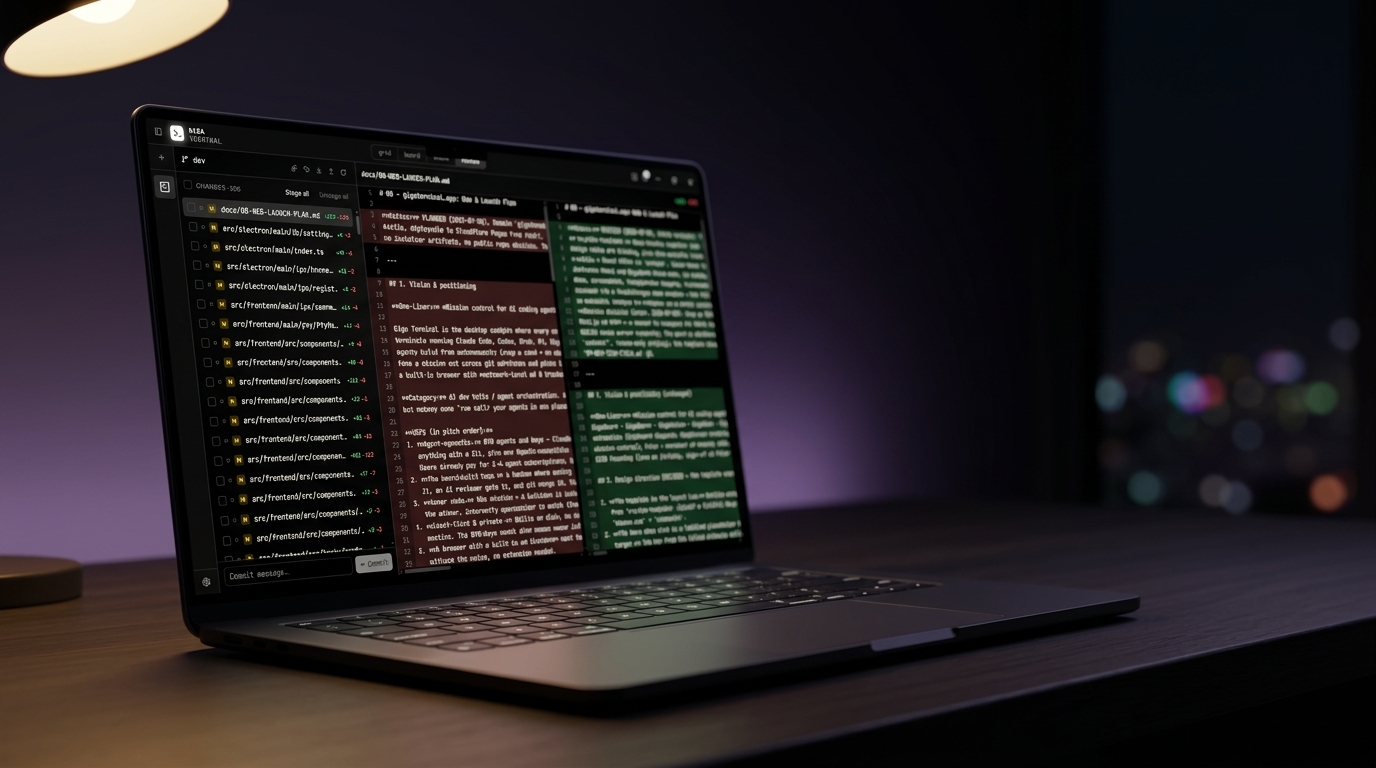 GigaReview’s split diff on a laptop at night, warm lamp light on the keyboard