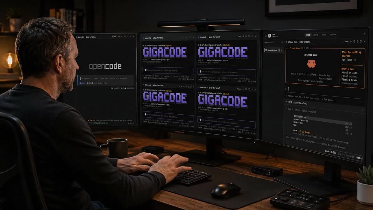 Cinematic film: developers working with Giga Terminal while a group of agents completes an assigned build